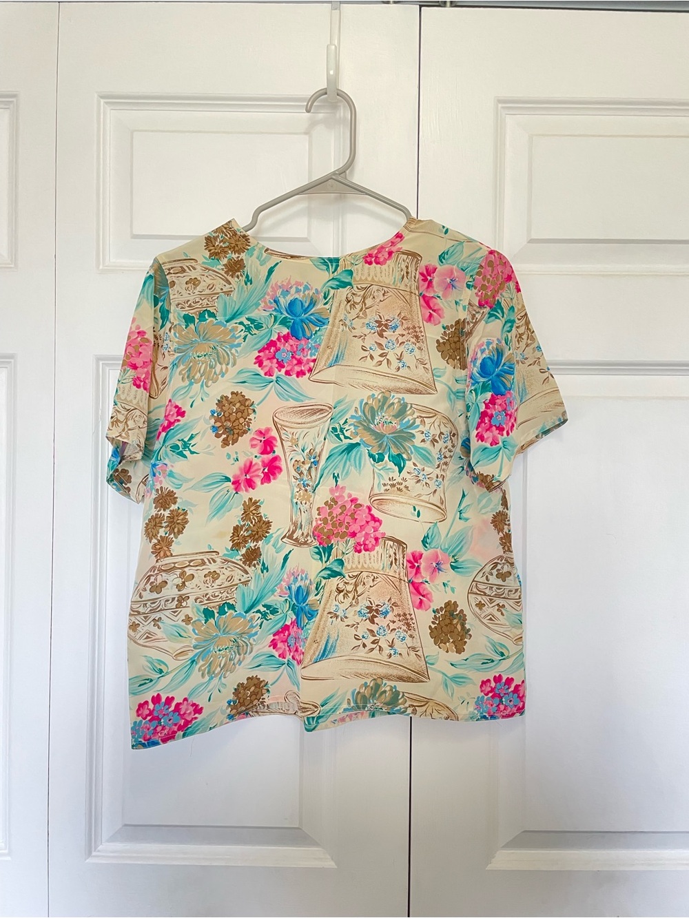 Diversity Floral Cream Short-Sleeve Silk Blouse with Pink & Teal Accents